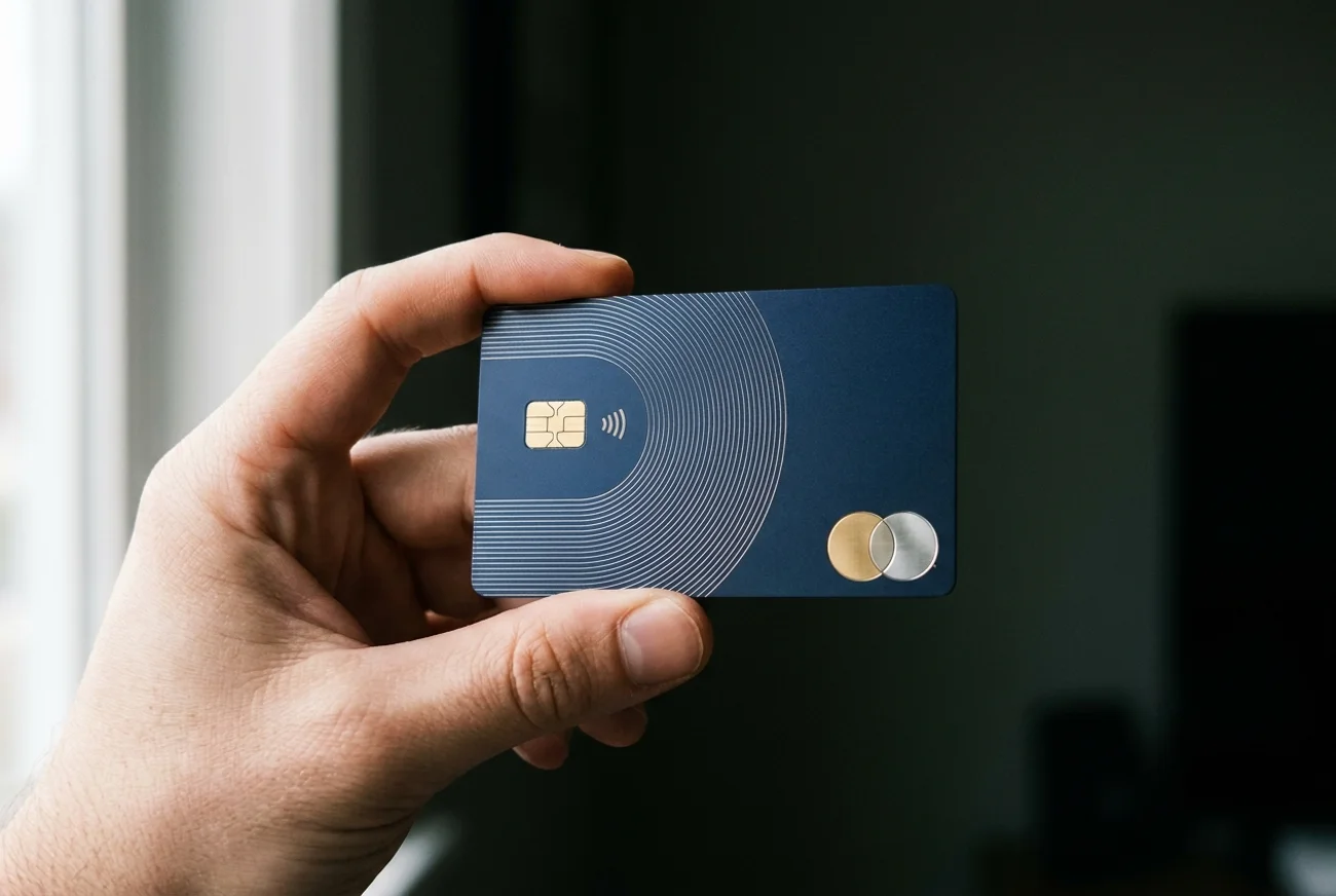 A hand holding a navy payment card with engraved arc detailing